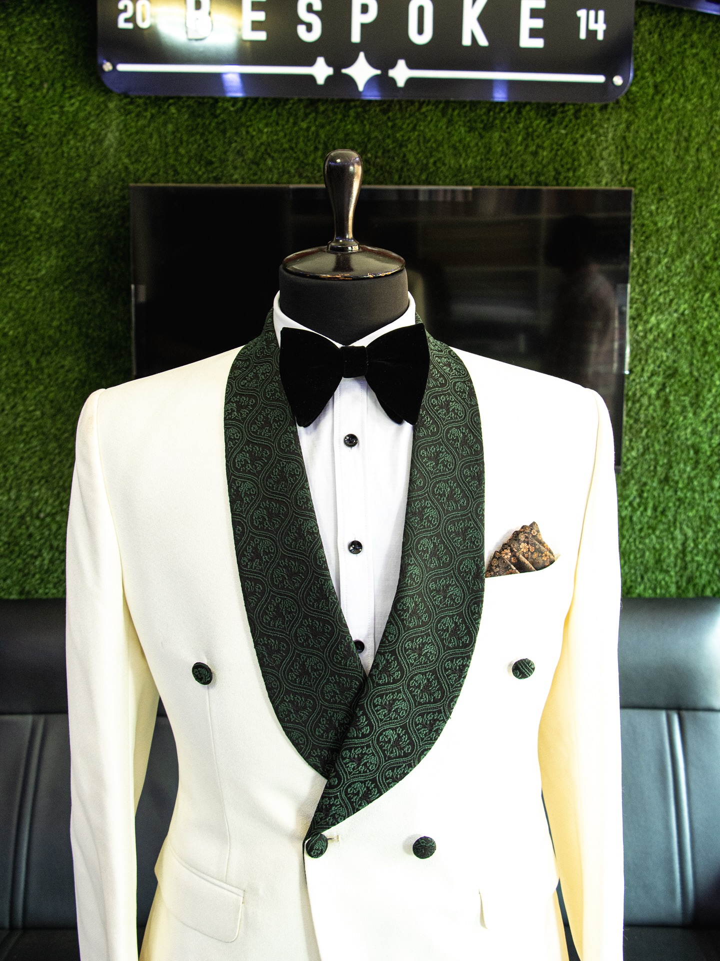 Bespoke suit on display at The Looks Bespoke showroom, Kampala (showroom look 11)