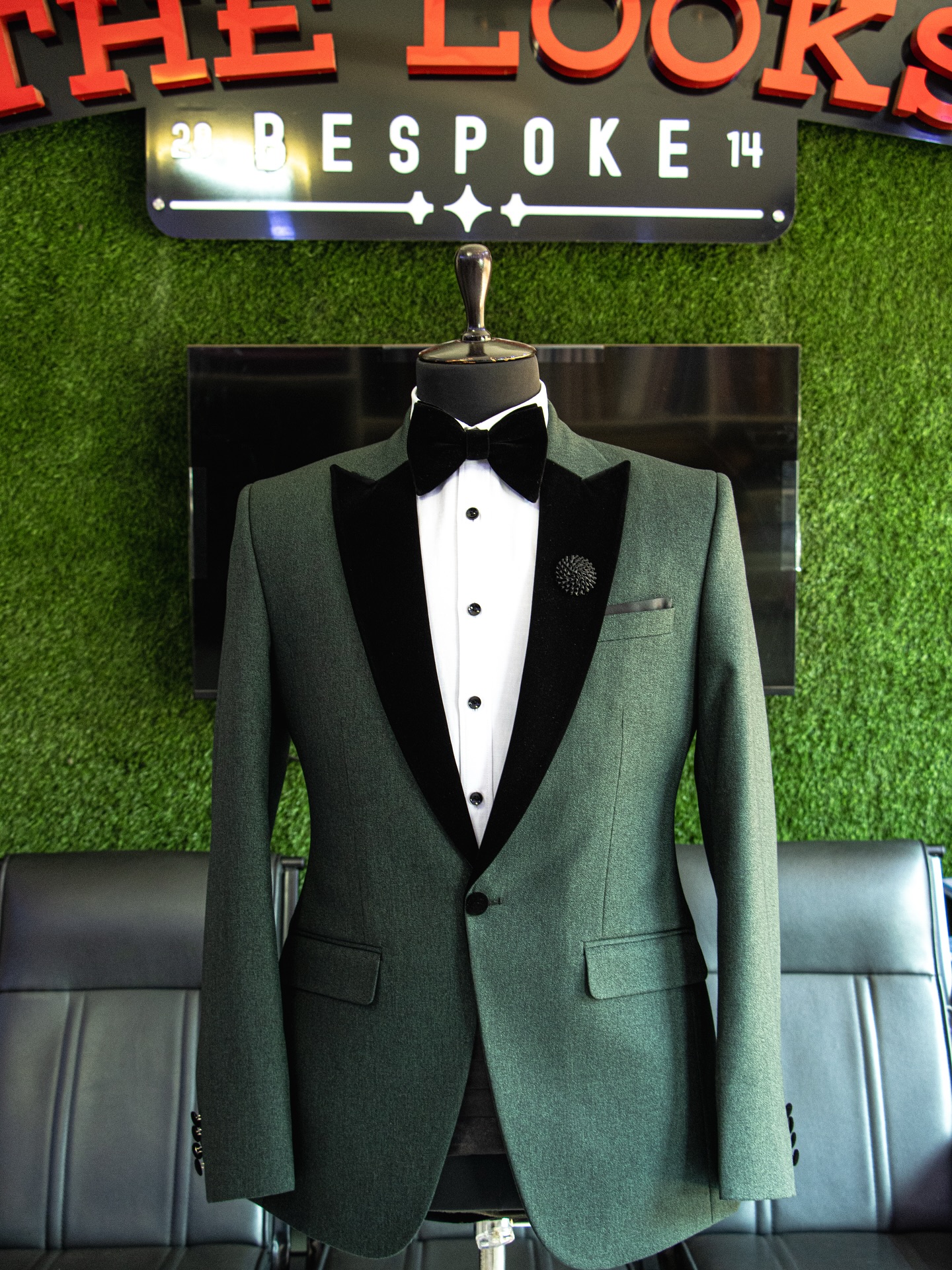 Bespoke suit on display at The Looks Bespoke showroom, Kampala (showroom look 16)