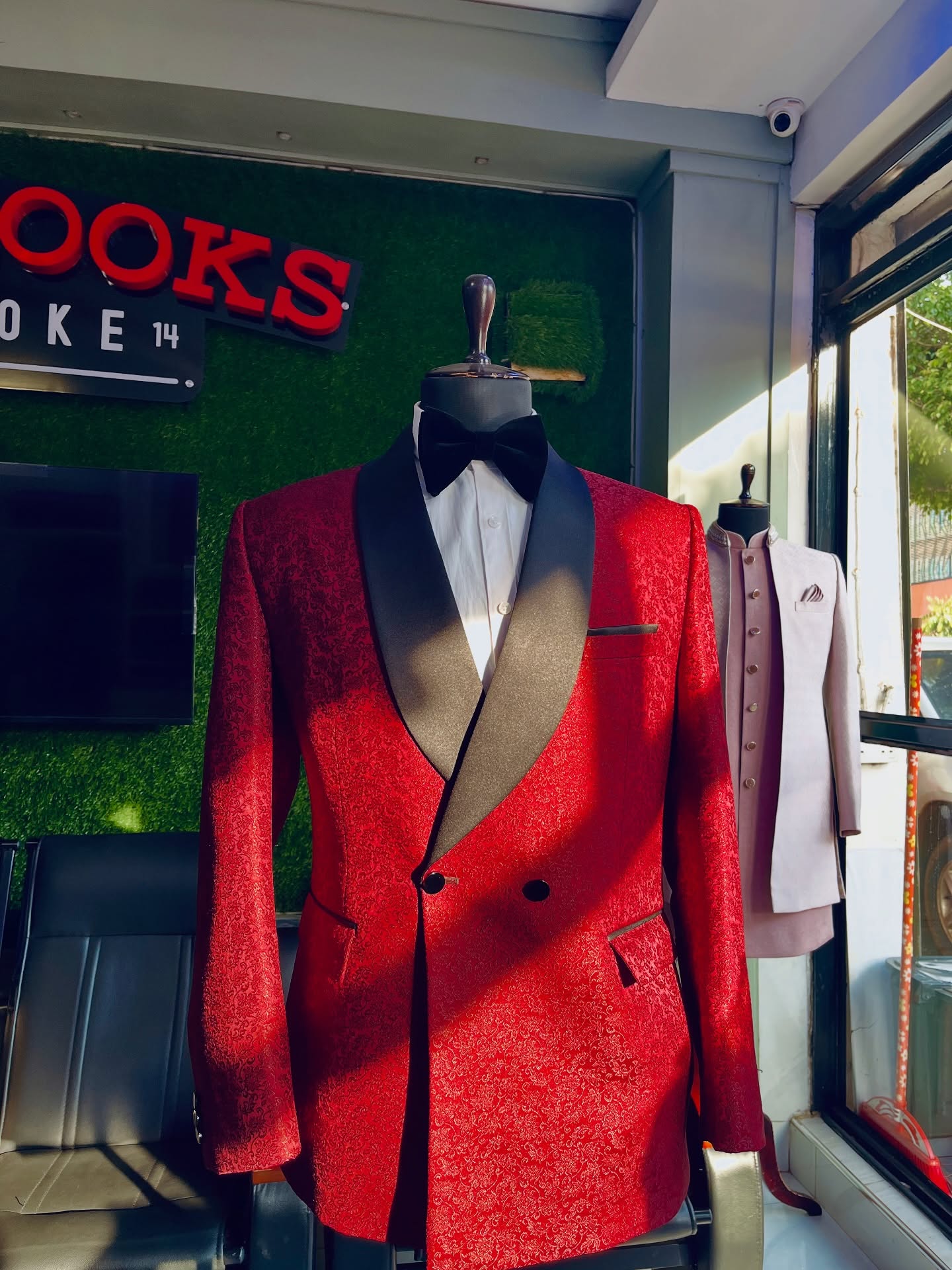Bespoke suit on display at The Looks Bespoke showroom, Kampala (showroom look 21)