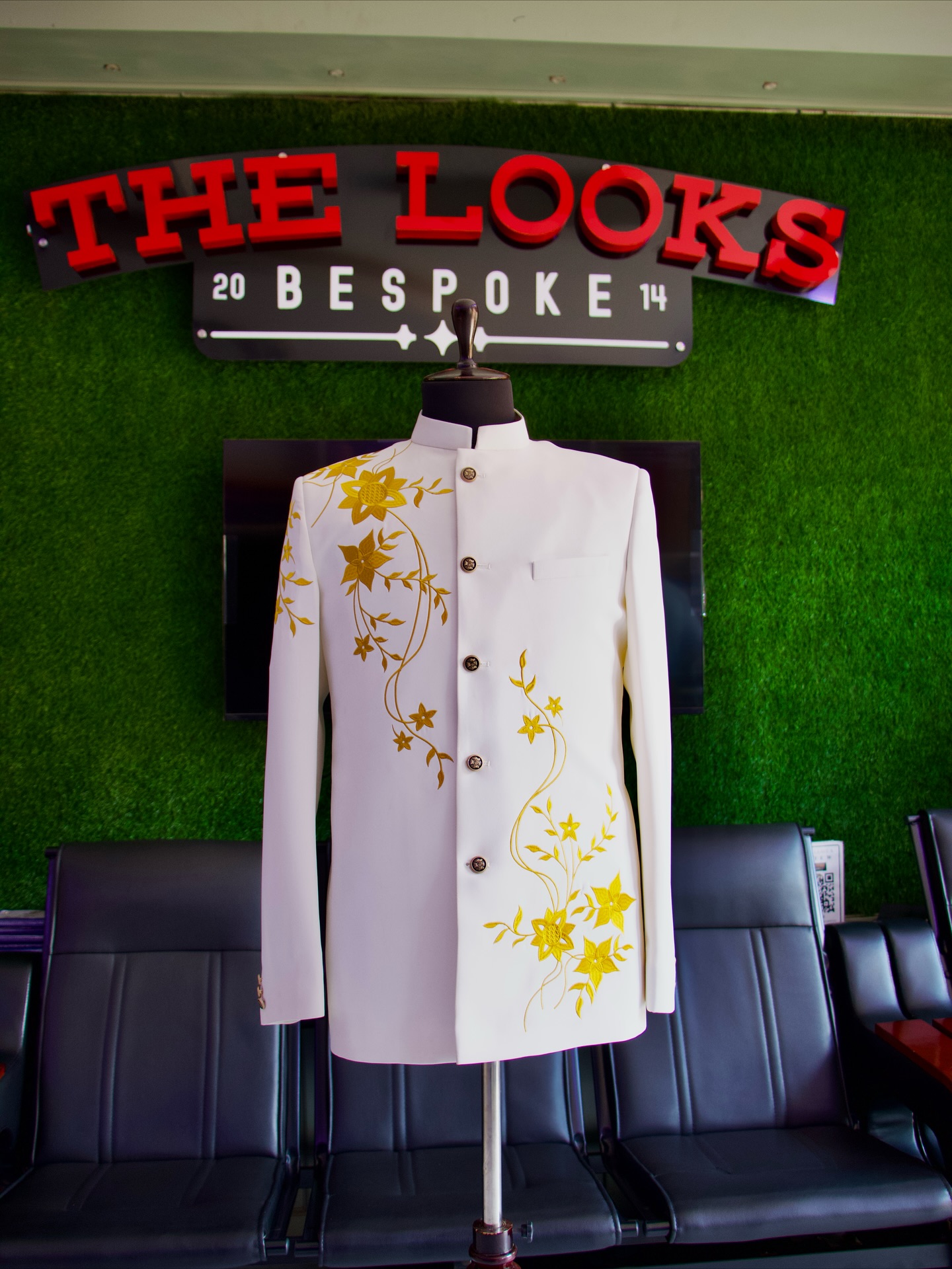 Custom suit fabrics and finishes on display in Kampala (showroom look 24)