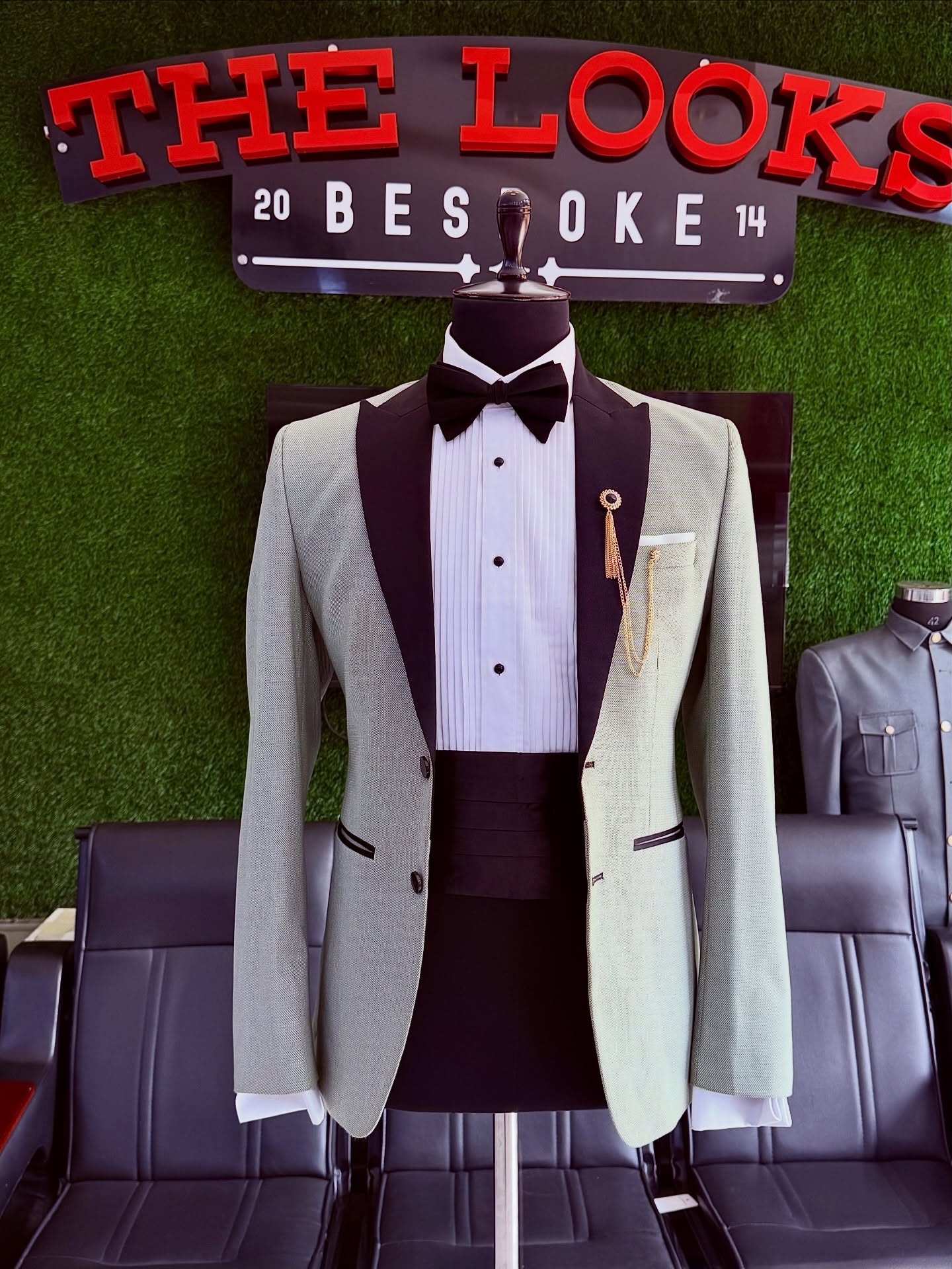 Bespoke suit on display at The Looks Bespoke showroom, Kampala (showroom look 36)