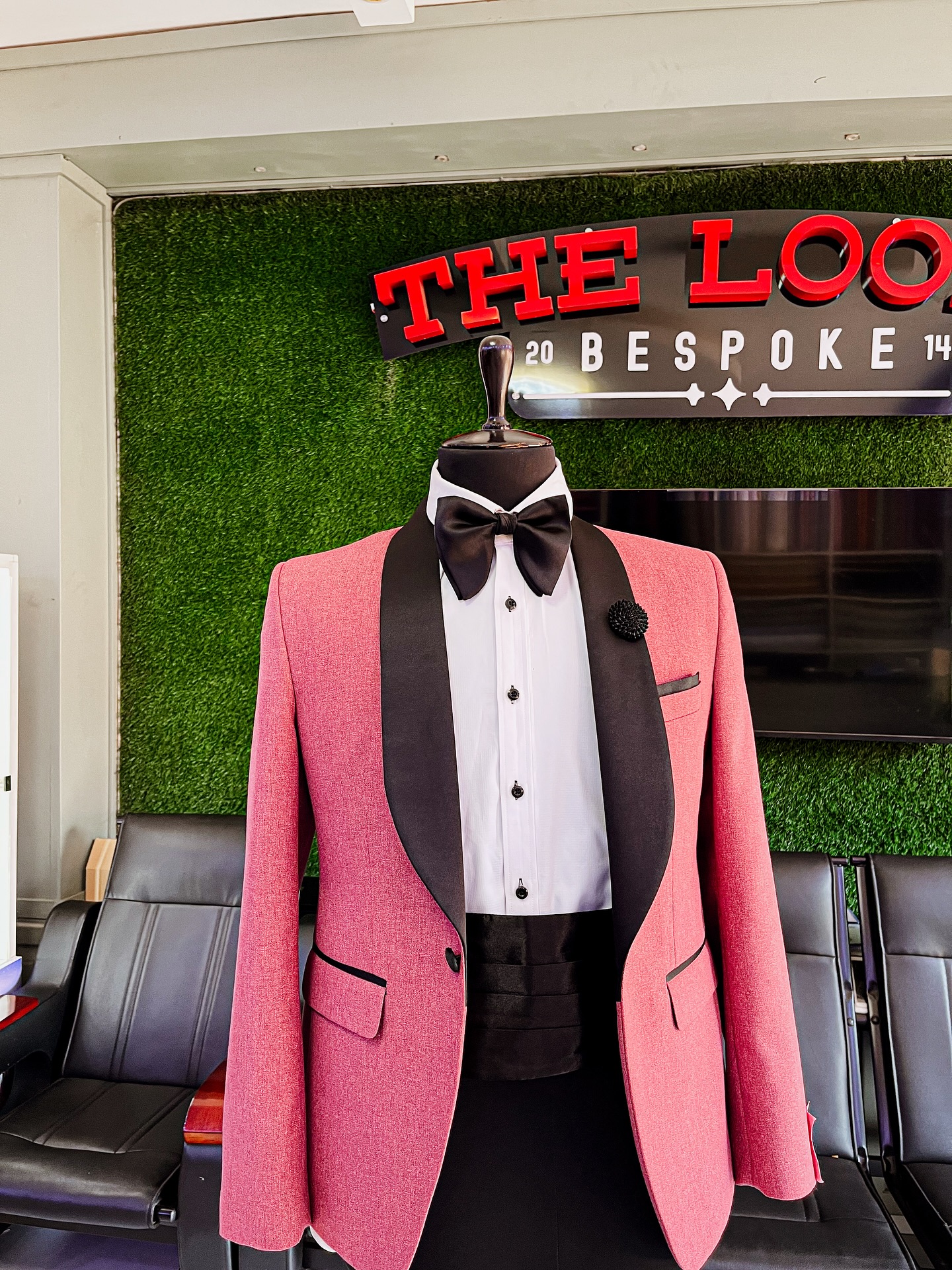Custom suit fabrics and finishes on display in Kampala (showroom look 4)