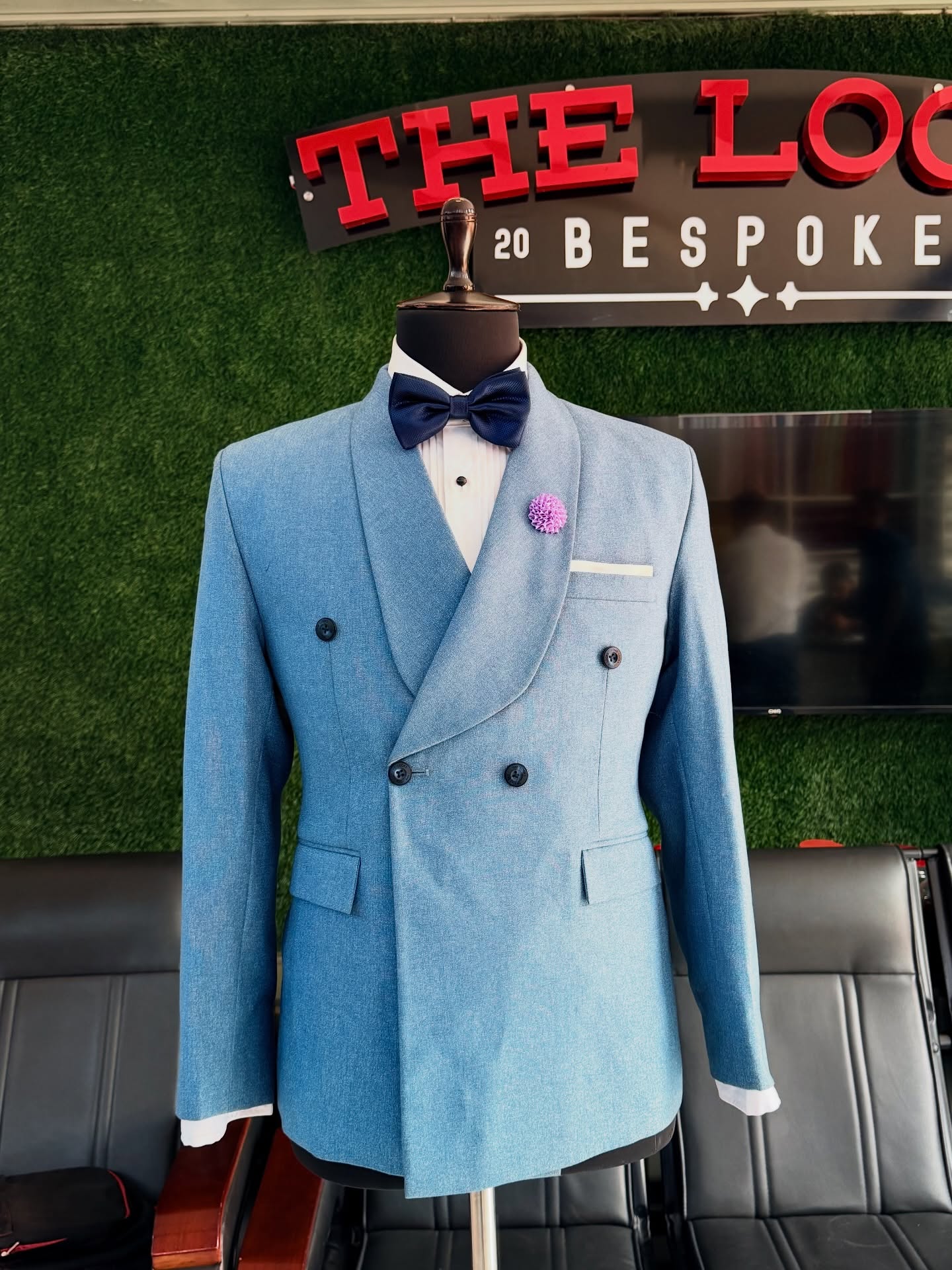 Bespoke suit on display at The Looks Bespoke showroom, Kampala (showroom look 41)