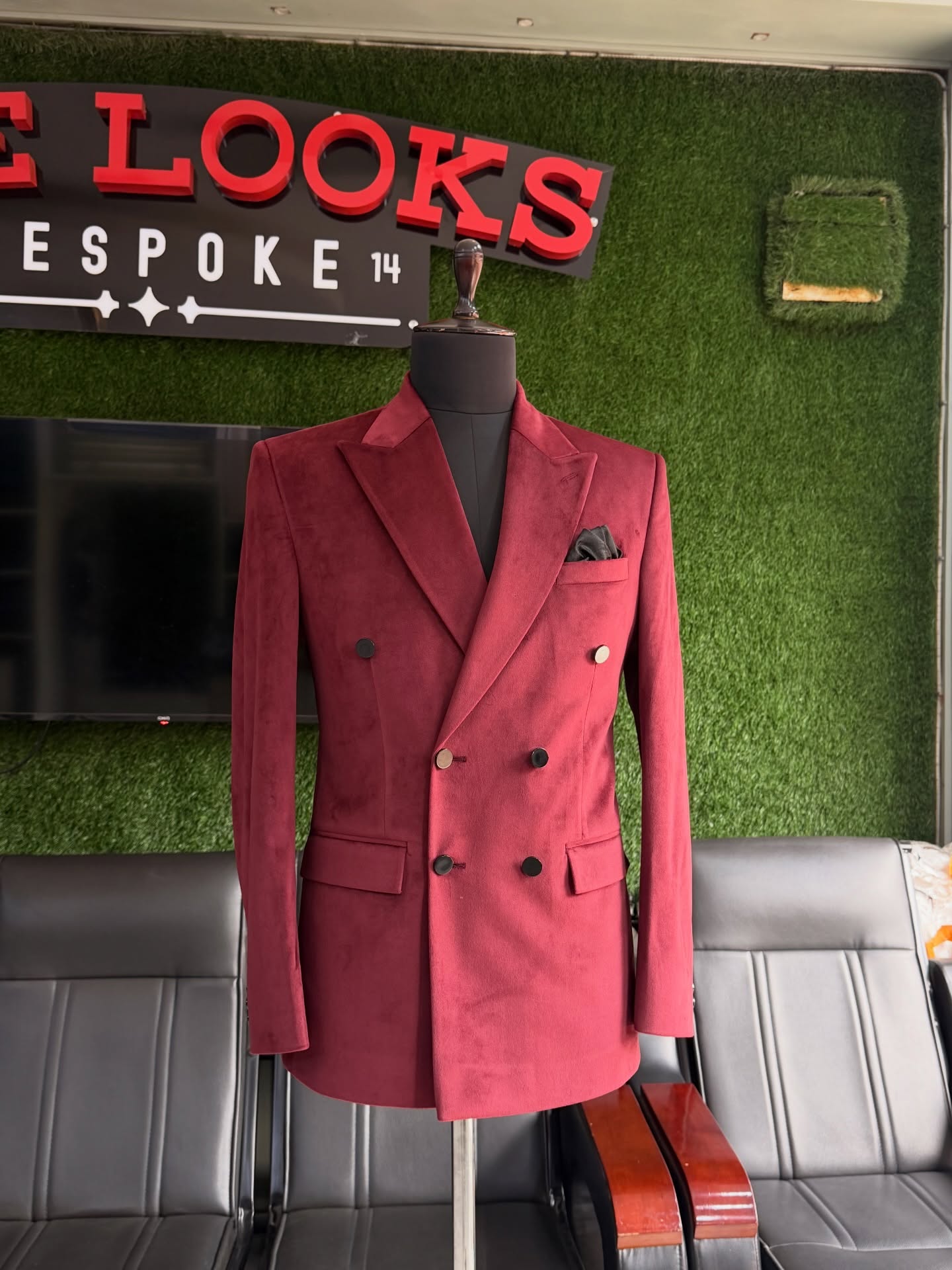 Custom suit fabrics and finishes on display in Kampala (showroom look 44)