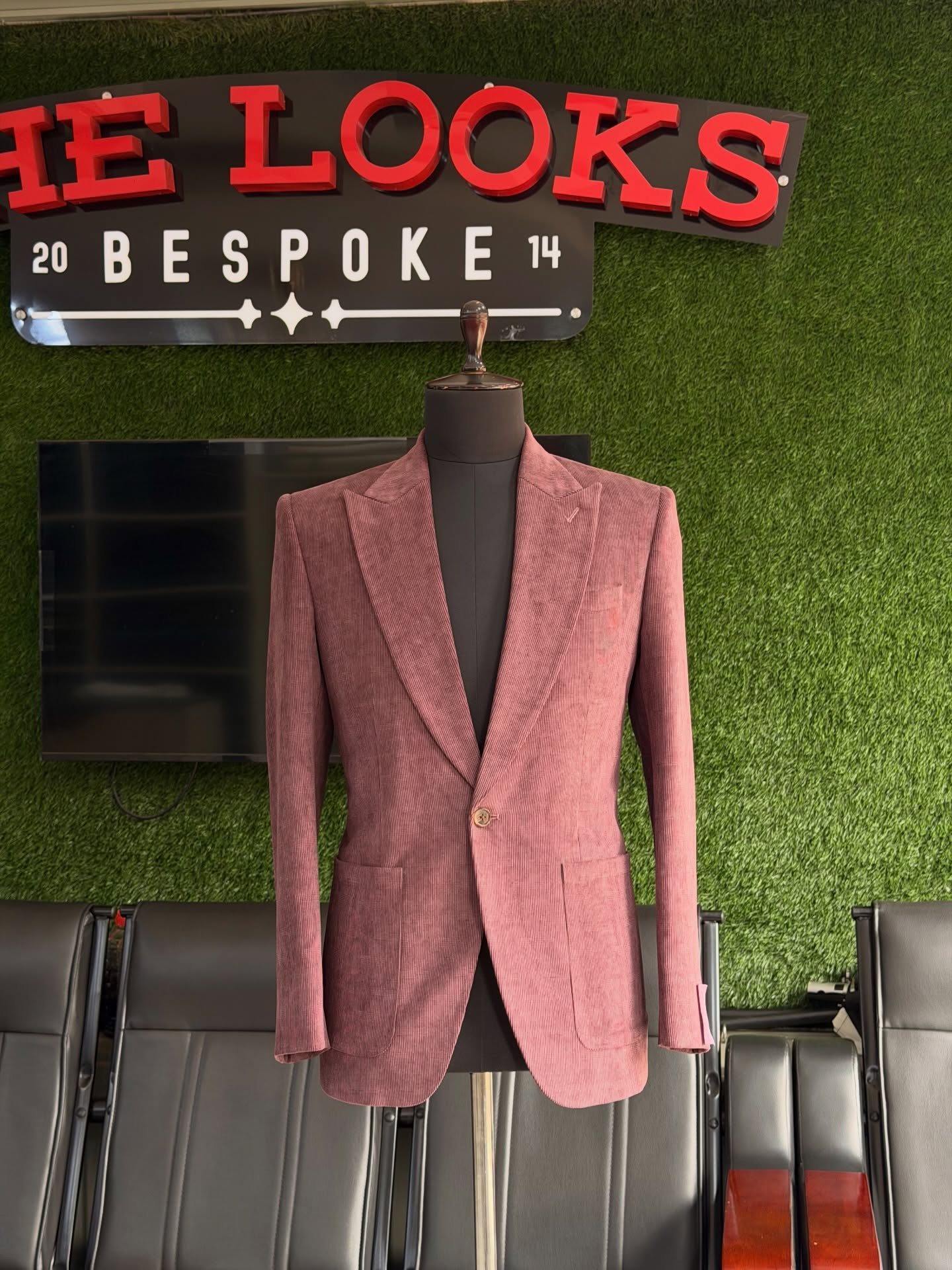 Bespoke suit on display at The Looks Bespoke showroom, Kampala (showroom look 51)