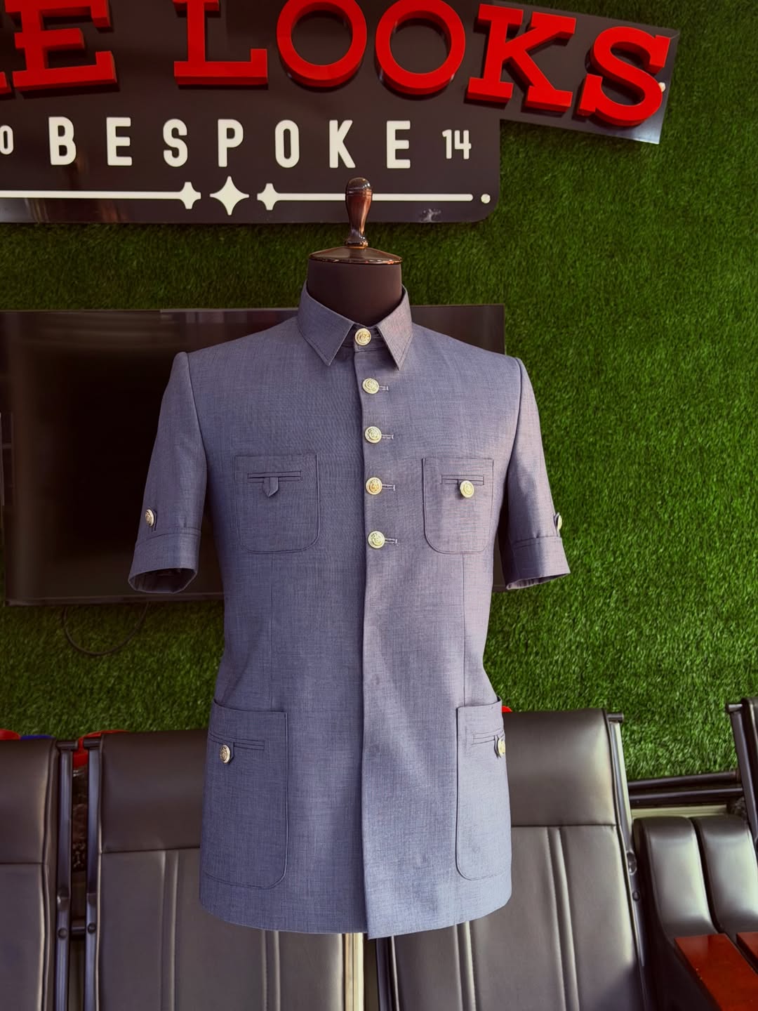 Custom suit fabrics and finishes on display in Kampala (showroom look 54)