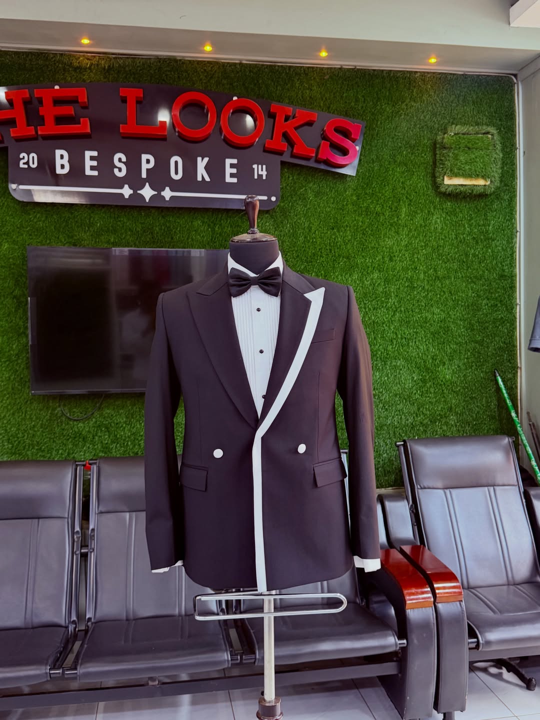 Bespoke suit on display at The Looks Bespoke showroom, Kampala (showroom look 56)