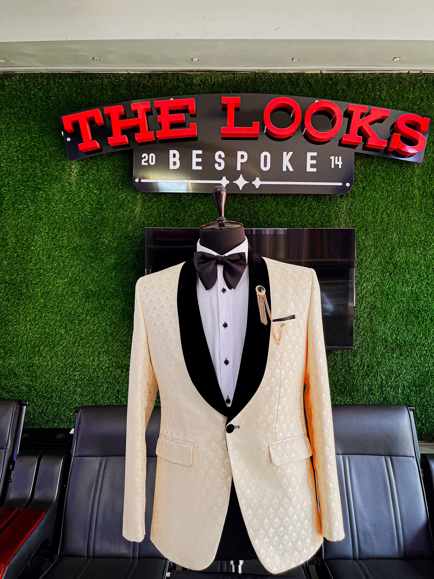 Bespoke suit on display at The Looks Bespoke showroom, Kampala (showroom look 6)