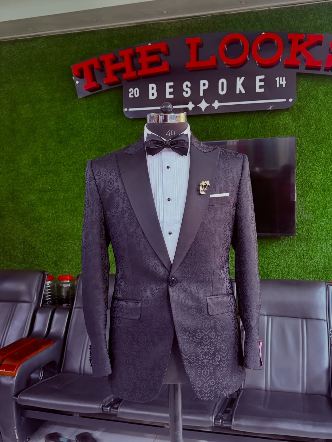Bespoke suit on display at The Looks Bespoke showroom, Kampala (showroom look 61)