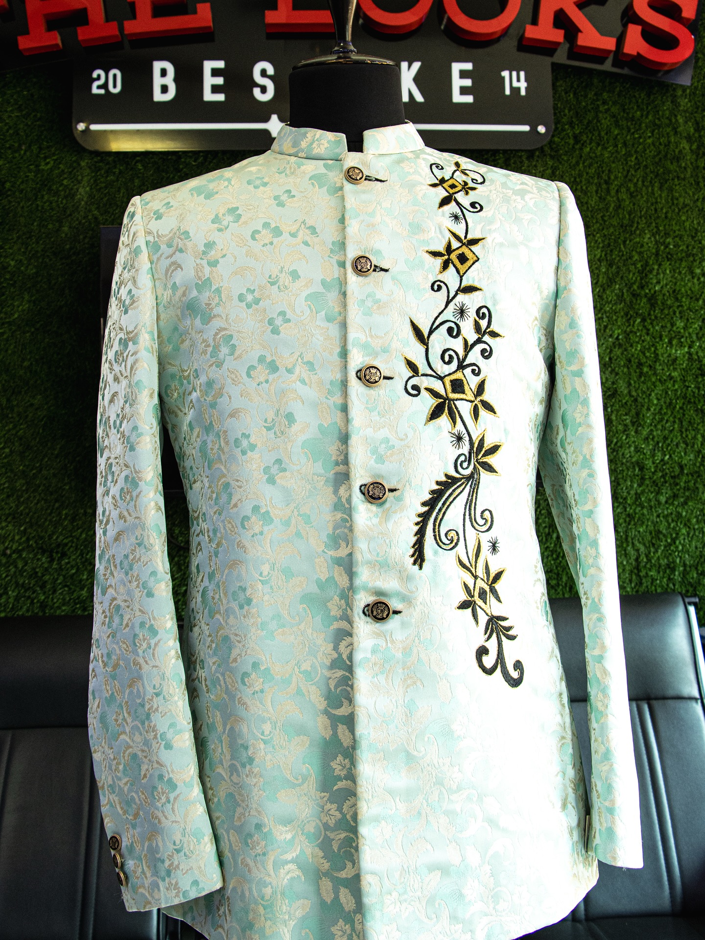 Custom suit fabrics and finishes on display in Kampala (showroom look 9)